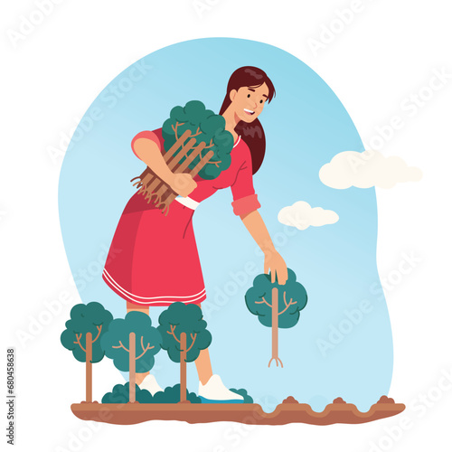Volunteer woman planting trees saving environment. Happy activist person gardening protecting green forest plants nature. Ecosystem protection, ecology conservation concept flat vector illustration