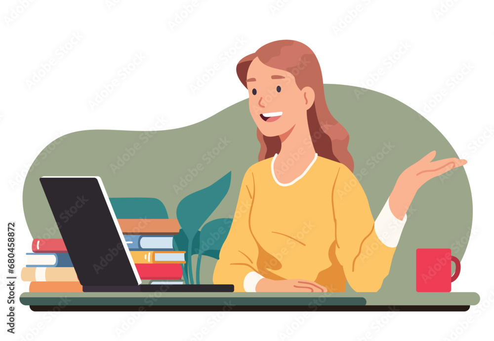 Business woman work talking by video conference call on laptop computer. Worker person communicating online at home office desk with books. Distance communication technology flat vector illustration Business woman work talking by video conference call on laptop computer. Worker person communicating online at home office desk with books. Distance communication technology flat vector illustration