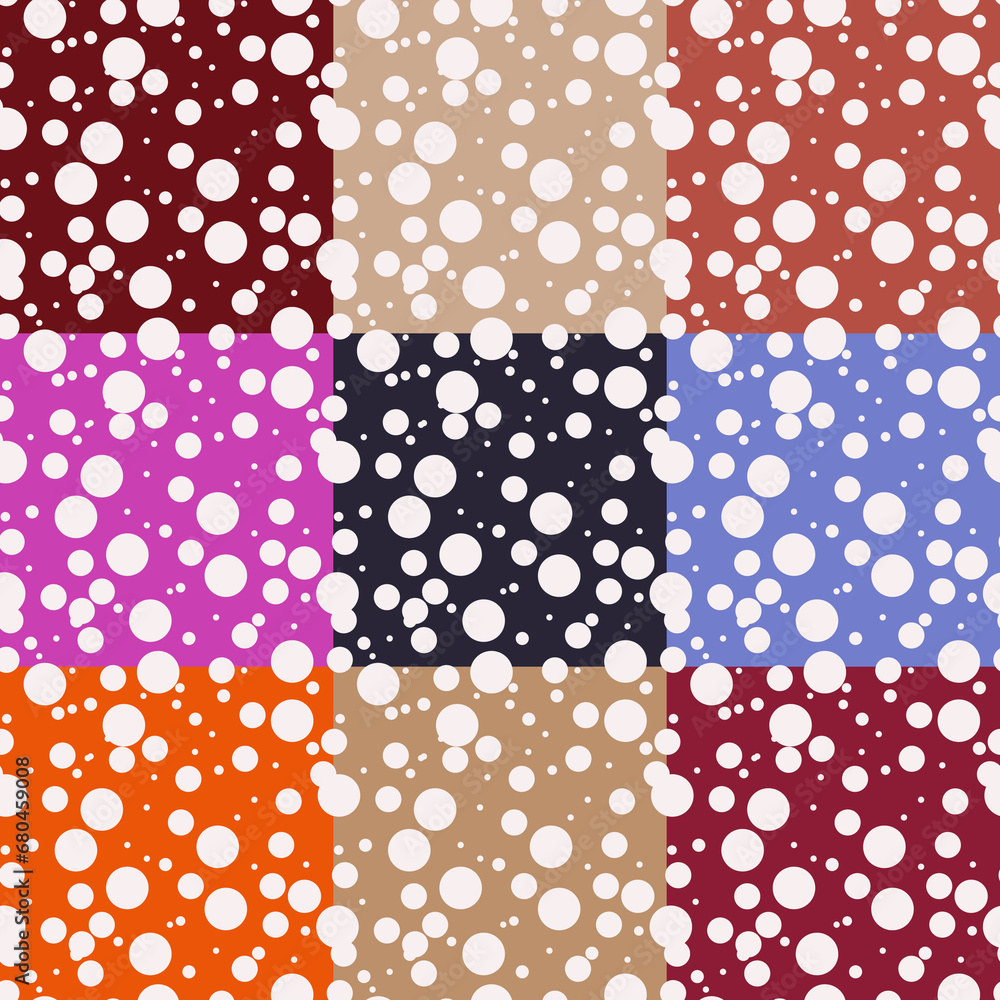 Seamless pattern with white circles of different sizes on a multicolored background. Set of seamless textures with white circles, seamless texture. Seamless pattern with white circles of different sizes on a multicolored background. Set of seamless textures with white circles, seamless texture.