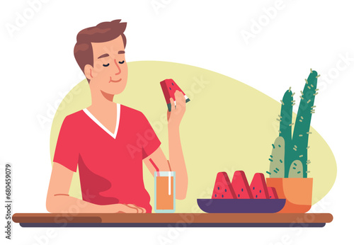 Man eating ripe watermelon fruit food having snack break at home. Hungry guy person enjoying breakfast meal at table with juice drink. Healthy natural vegan diet, relaxation flat vector illustration