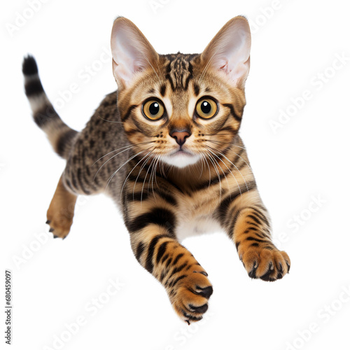 Cute bengal cat jumping on a white background.