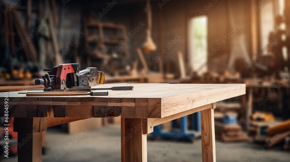 The interior of a carpentry workshop, an empty wooden table for carpenter work