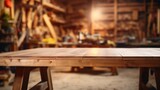 Empty table in carpentry workshop, creating furniture from wood, handmade furniture