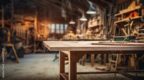 The interior of a carpentry workshop, an empty wooden table for carpenter work photo