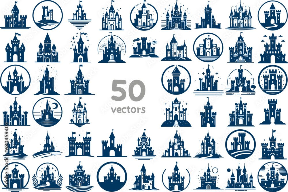 vintage castle collection of simple minimalistic stencil vector drawings - obrazy, fototapety, plakaty 