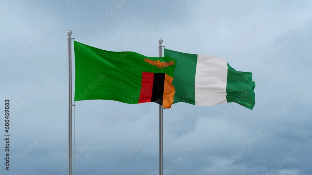 Nigeria flag and Zambia flag waving together on cloudy sky, endless seamless loop, two country relations concept Nigeria flag and Zambia flag waving together on cloudy sky, endless seamless loop, two country relations concept