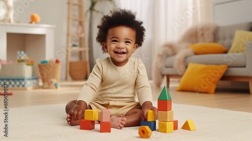 Adorable black baby playing with stacking building blocks at home while sitting on carpet in living room