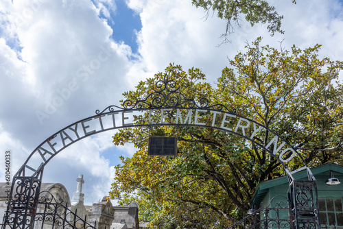 historic iron entrance gate of La Fayette cemetery in New Orleans, Louisiana photo