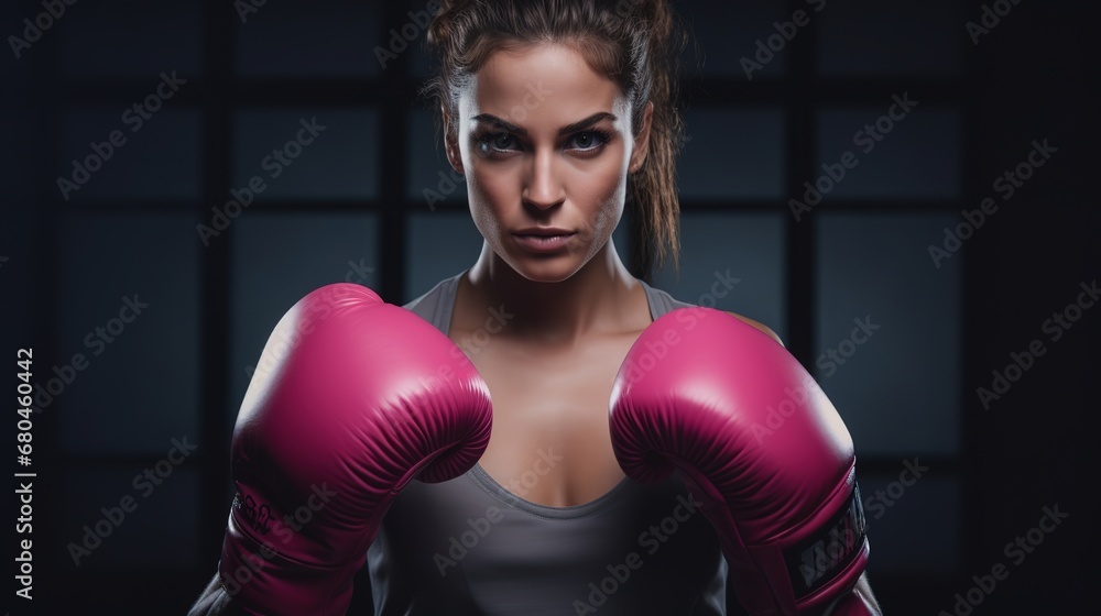 Beautiful woman with pink ribbon and boxing gloves