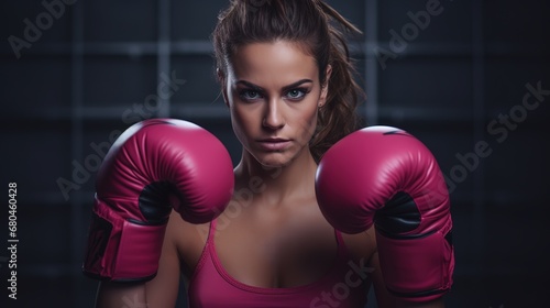 Beautiful woman with pink ribbon and boxing gloves © DZMITRY