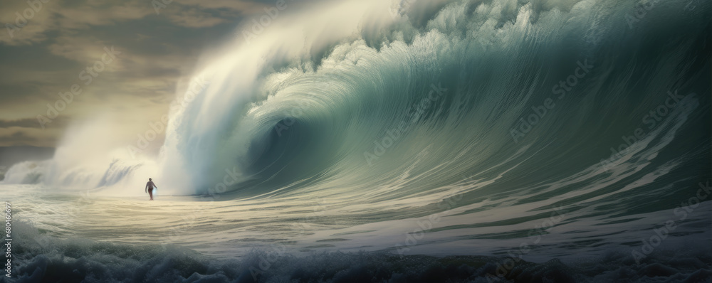 Big wave comming on the beach in front of man Big wave comming on the beach in front of man