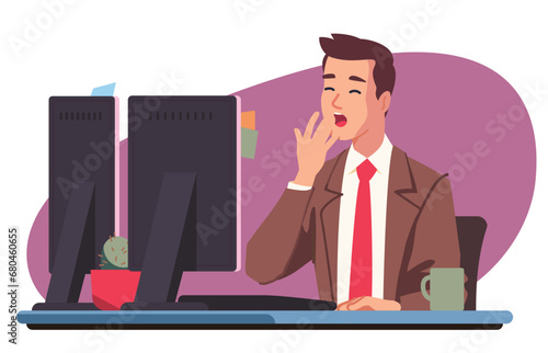 Bored business man worker procrastinating at computer desk. Tired sleepy employee person yawning working late at office workplace. Procrastination, laziness, overwork problem flat vector illustration