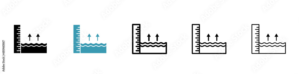 Sea Level vector icon set. Rising water level measurement symbol in black and white color.