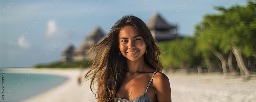 woman model smilling on the beach in background woman model smilling on the beach in background