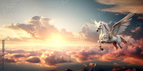 Unicorn warrior with wing on pink clouds with fantastic concept