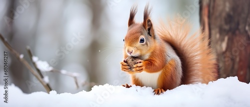 Cute red squirrel eats a nut in the winter forest © DZMITRY
