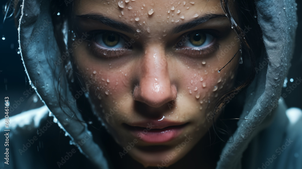 Digital portrait of a muscular young boxer woman, hands protecting her face, drops of sweat on her face - obrazy, fototapety, plakaty 