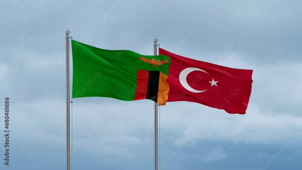 Republic of Turkey and Zambia flag waving together on cloudy sky, endless seamless loop, two country cooperation concept Republic of Turkey and Zambia flag waving together on cloudy sky, endless seamless loop, two country cooperation concept