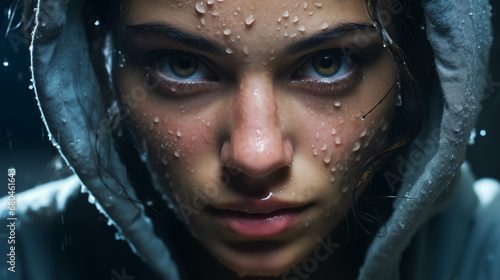 Digital portrait of a muscular young boxer woman, hands protecting her face, drops of sweat on her face © mikhailberkut