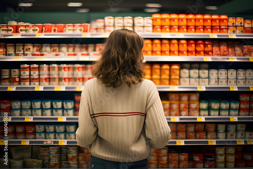  woman standing in a supermarket by checking food products ai generative