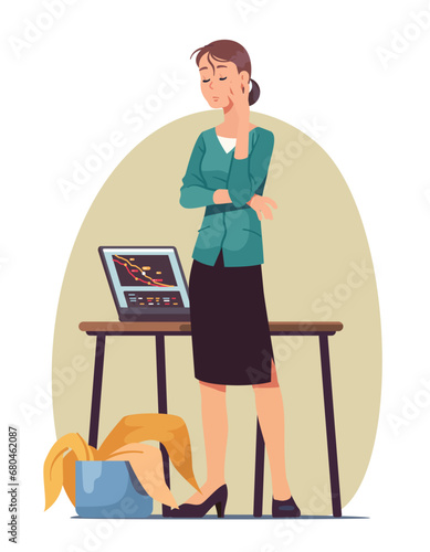 Depressed business woman with financial recession problem in office. Frustrated person standing at desk with declining line charts on computer screen, dry plant. Loss crisis flat vector illustration