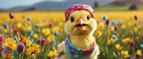 Adorable chick wearing bandana in a colorful spring meadow