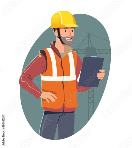 Constructing engineer builder or inspector man at construction site. Constructor foreman supervisor person in safety helmet, vest holding clipboard. Building industry worker flat vector illustration