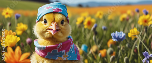 Adorable chick wearing bandana in a colorful spring meadow