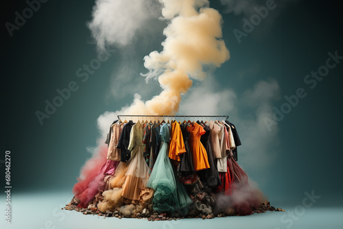 colorful mound of assorted clothing emitting a thick, yellowish smoke into the air, evoking the pollutive nature of the fast fashion industry. 