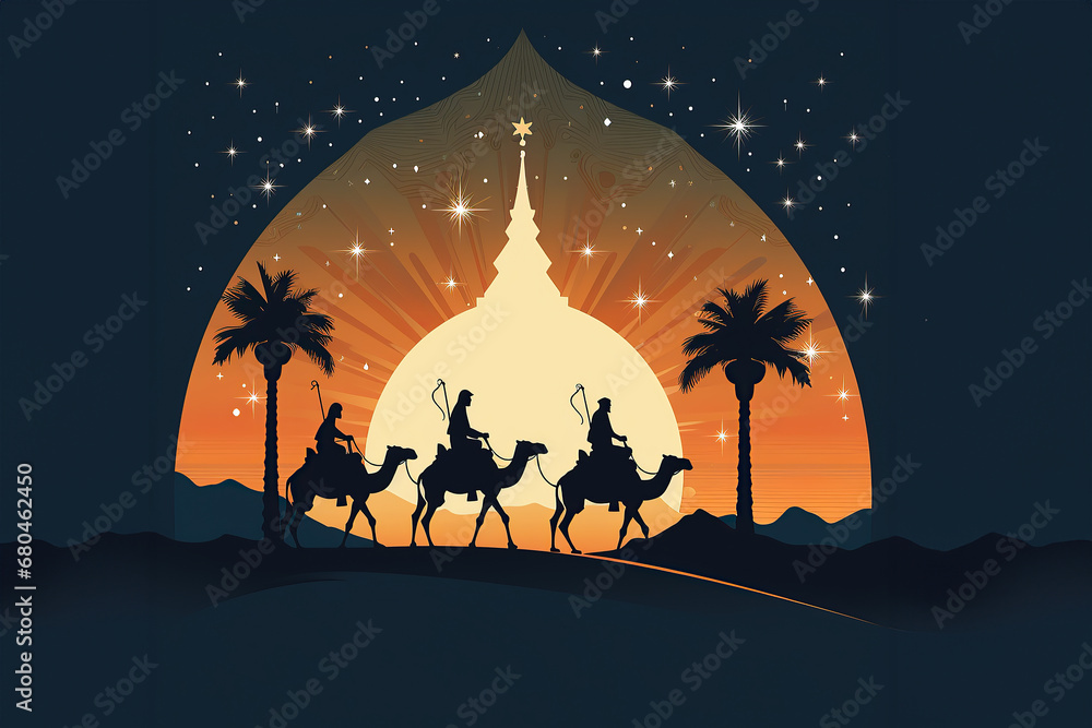 Three Wise Men traveling on camels against a twilight desert backdrop, under a large, shining star, symbolizing the journey and the timeless story of the Nativity