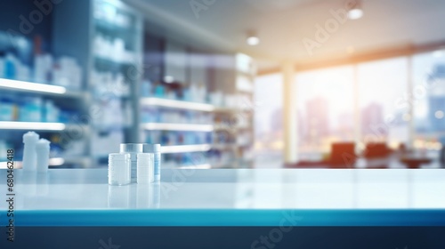 Empty white table in pharmacy, medicine store, shelves with various medical products, background for pharmaceutical industry photo