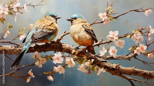 birds on branch oil painting, generative ai © Solenia
