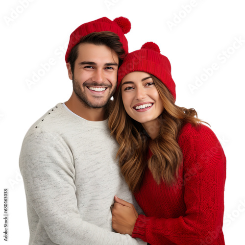 Handsome & Beautiful young couple, wearing red winter hat & Sweatshirt isolated on transparent background. photo