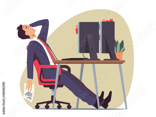 Stressed business man with financial recession problem in office. Frustrated person touching forehead at desk with desktop computers. Loss crisis, career failure, bankruptcy flat vector illustration