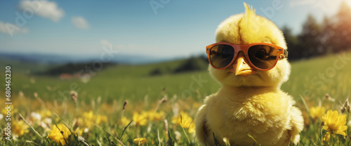 Adorable chick wearing sunglasses in a spring meadow