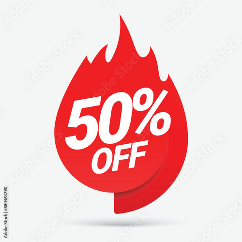 Sale of special offers. Fire Discount with the price is 50. An ad with a red tag for an advertising campaign at retail on the day of purchase. vector illustration