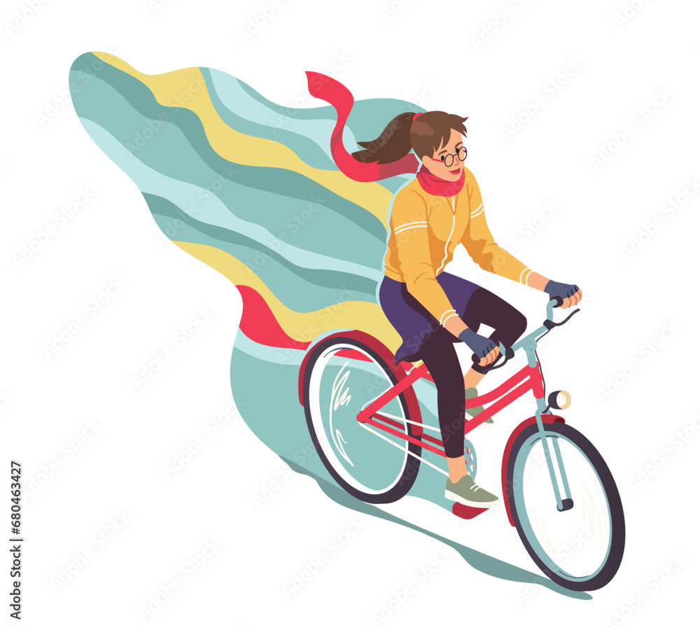 Naklejka premium Casual woman cyclist enjoying riding bicycle. Bicyclist girl person character cycling bike outdoors. Healthy transportation, city transport, urban fitness, summer sport flat vector illustration