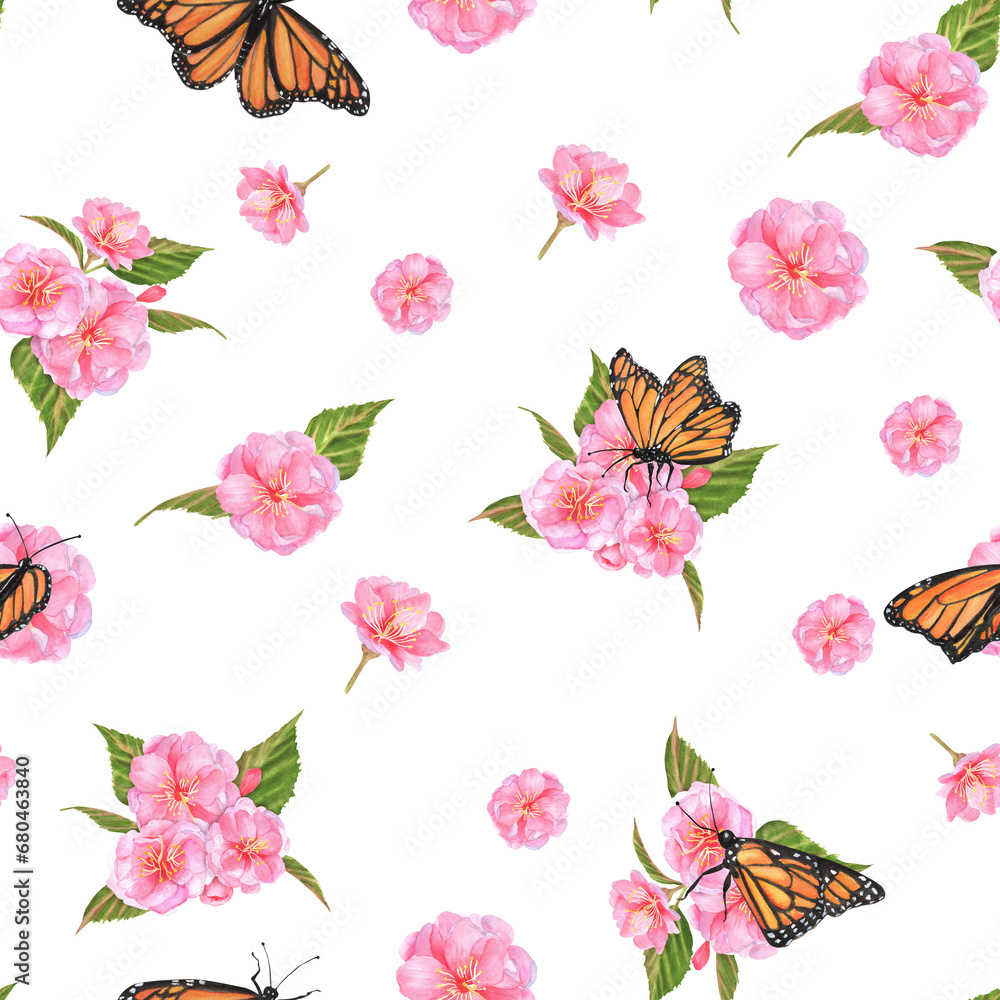 Hand-drawn watercolor illustration. Seamless pattern with pink sakura flowers, leaves and monarch butterflies