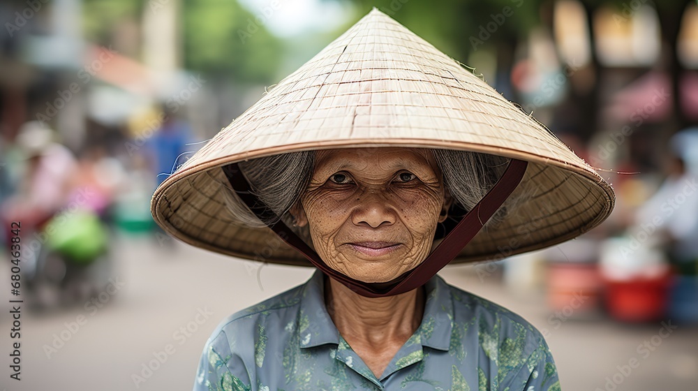 Vietnamese woman with a conical head in Hanoi