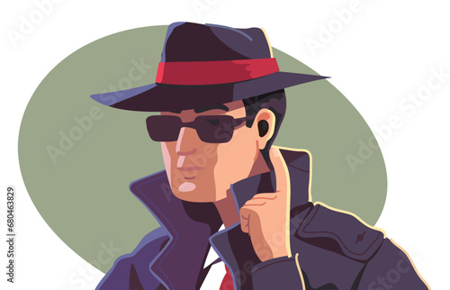 Spy or detective person listening eavesdropping by earphone. Suspicious secret agent man wearing hat, coat, sunglasses spying. Information privacy violation, espionage flat vector illustration