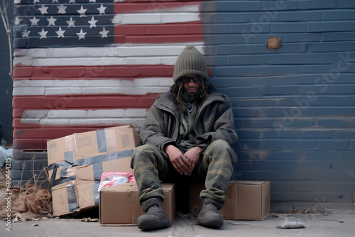 Homeless person on urban street, American flag backdrop, poignant social issue 