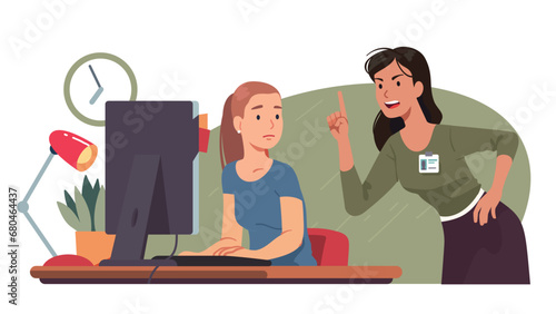 Angry manager screaming at sad worker. Disappointed business woman boss shouting scolding subordinate employee working on computer at workplace desk. Office conflict, stress flat vector illustration