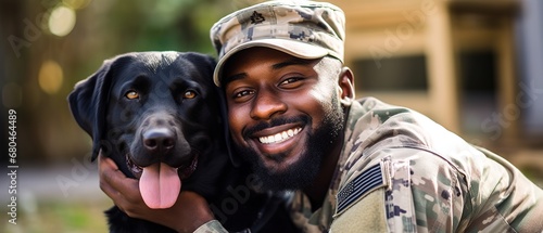 Young happy African American War veteran hugs his dog photo