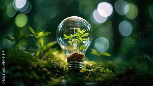 Glowing light bulb with green plant growing inside on mossy ground