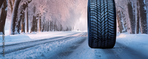 Winter tires on snowy road. wide banner. Tire on snow © Michal