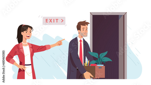 Angry boss woman firing sad worker man. Business woman employer person dismissing employee pointing at the door. Fired man carrying box with things. Unemployment, dismissal flat vector illustration