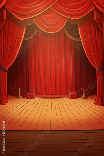Scène de théâtre avec rideaux rouge et plancher de bois, arrière plan, fond graphisme, ia génrative