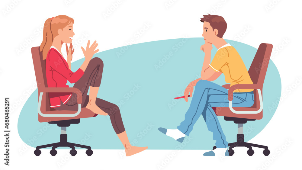Young business man, woman team or friends discussing startup project informally at home office. Relaxed colleagues partners persons talking together. Informal meeting flat vector illustration Young business man, woman team or friends discussing startup project informally at home office. Relaxed colleagues partners persons talking together. Informal meeting flat vector illustration