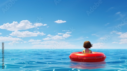 Portrait happy child playing with lifebuoy in the blue sea. AI generated image