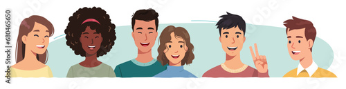 Happy young men, women friends persons group portrait. Smiling multiethnic people characters in casual clothes standing together, posing, showing winner gesture. Friendship flat vector illustration